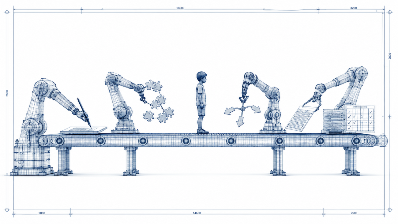 Wireframe illustration of a child on a conveyor belt while automated AI systems perform writing, problem-solving and decision-making tasks.